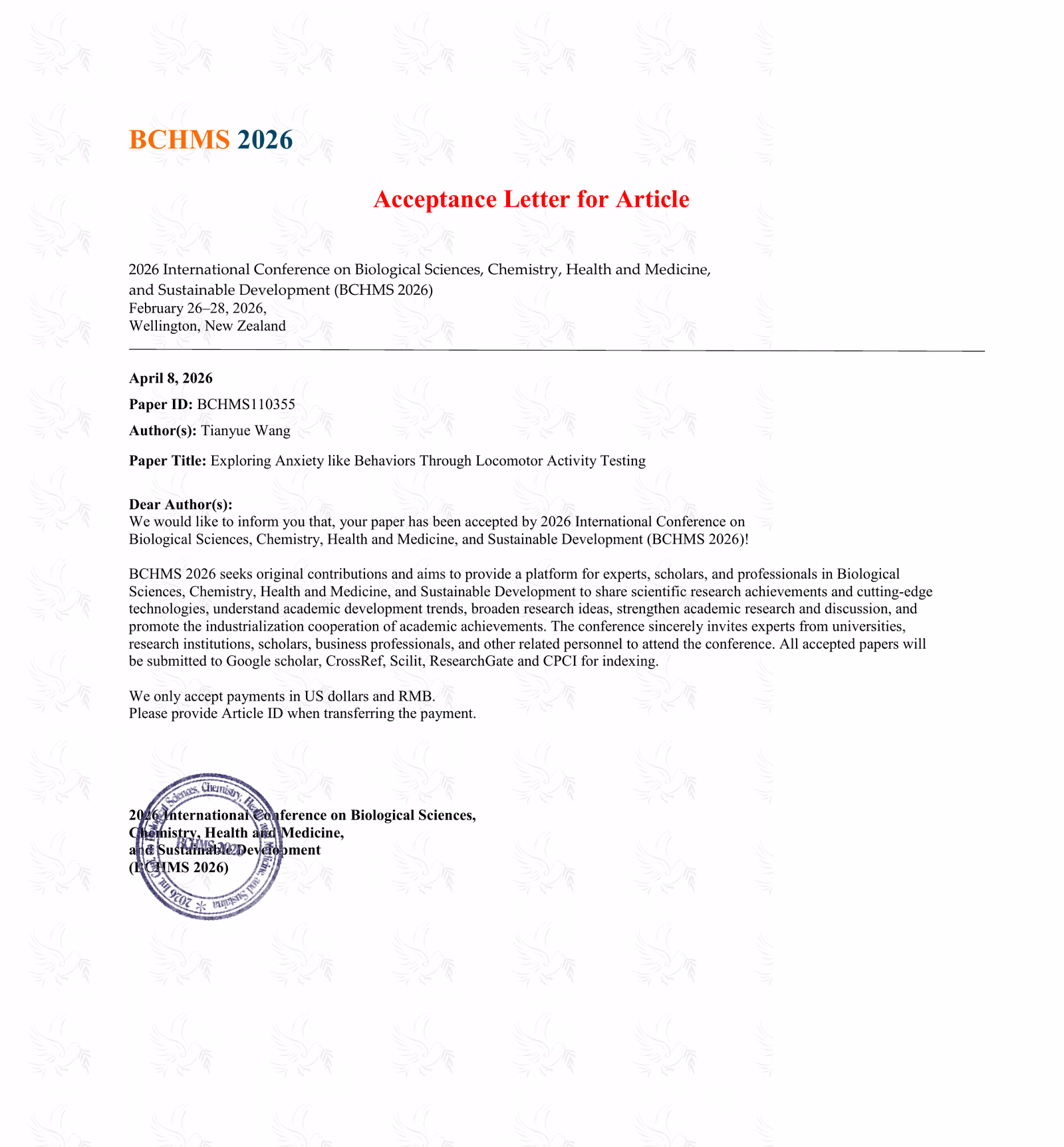 BCHMS 2026 acceptance letter for Tianyue Wang's paper