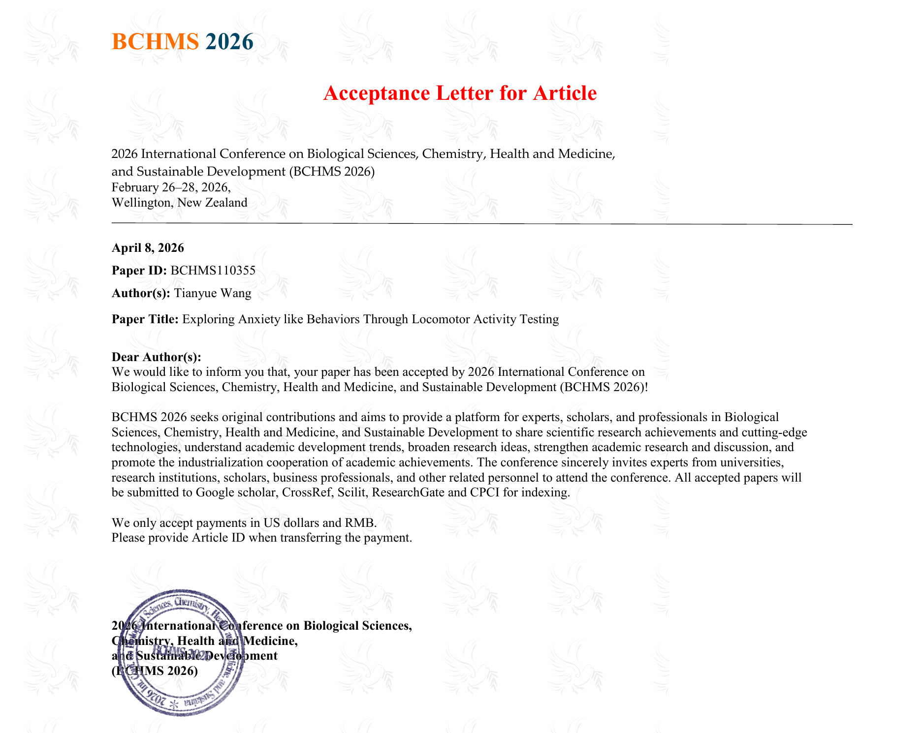 BCHMS 2026 acceptance letter for Tianyue Wang's paper